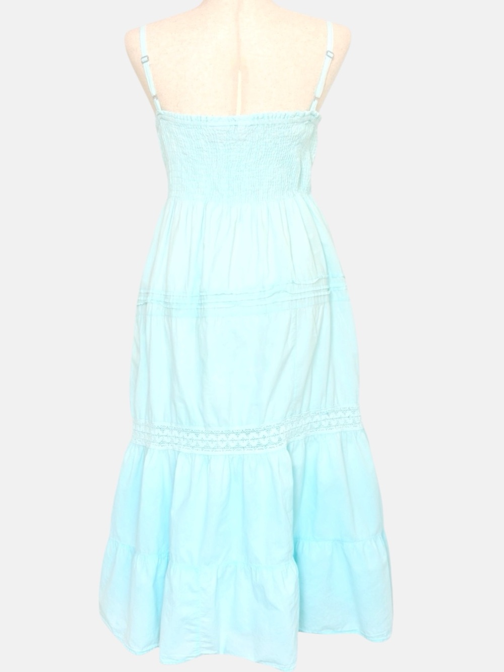 90s Maxi Babydoll Tiered Dress M Lace Trim Costal Cowgirl  Prairie Icy  Blue - Picture 5 of 12